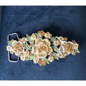 Vintage Floral Belt Buckle Enamel and Golden Rhinestones Silver Back Ornate
